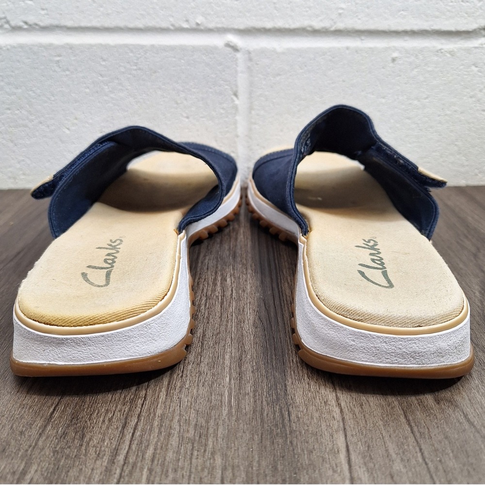 Clarks Sunbeat Navy Blue Canvas Slide Sandals Womens Size 8 M 36104 Adjustable - Picture 4 of 7